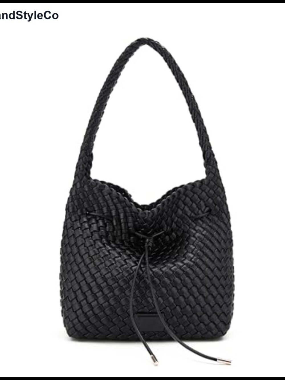 Woven Vegan Leather Shoulder Bag Drawstring Bucket Handbag
